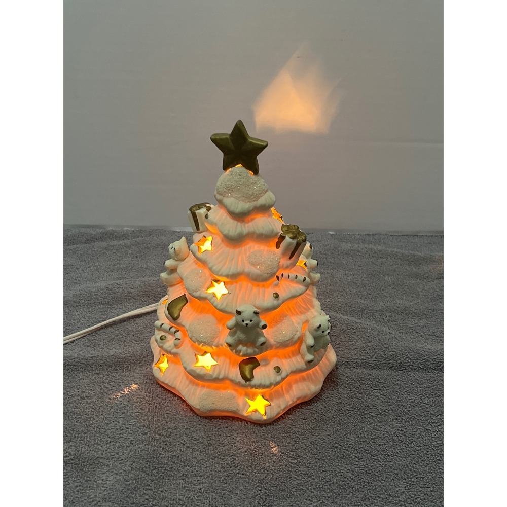 Vintage Lite-Up Porcelain Christmas Tree White Polar Bears‎ Gold Star 7 Inch